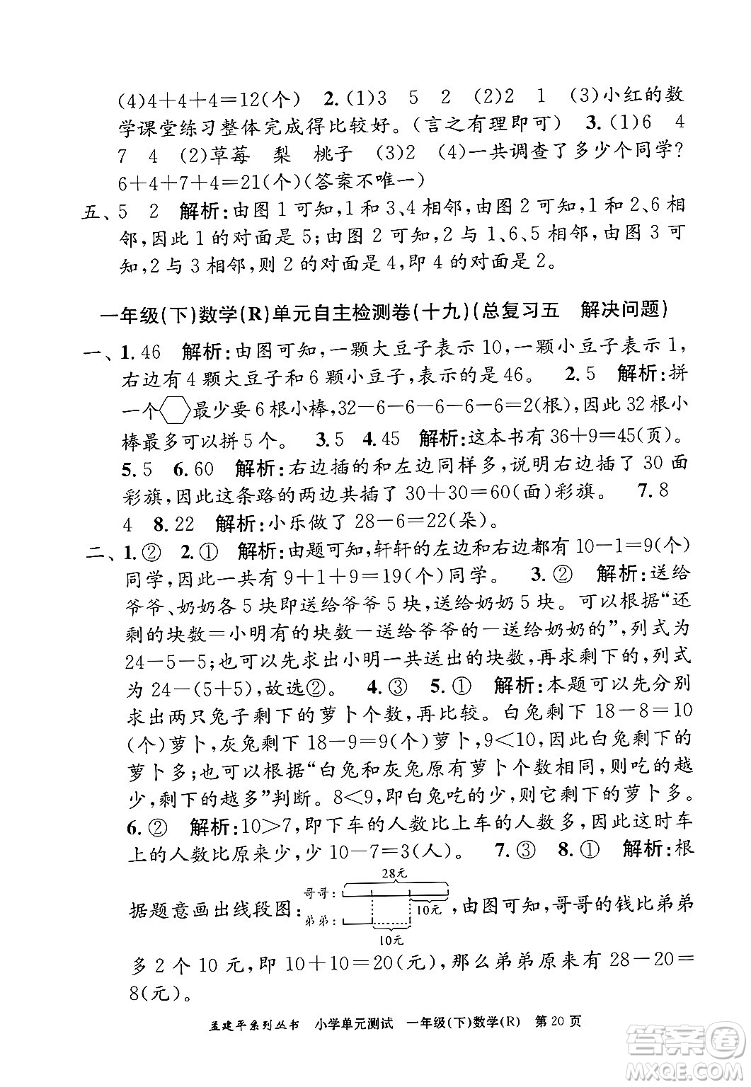 浙江工商大學(xué)出版社2024年春孟建平小學(xué)單元測試一年級數(shù)學(xué)下冊人教版答案