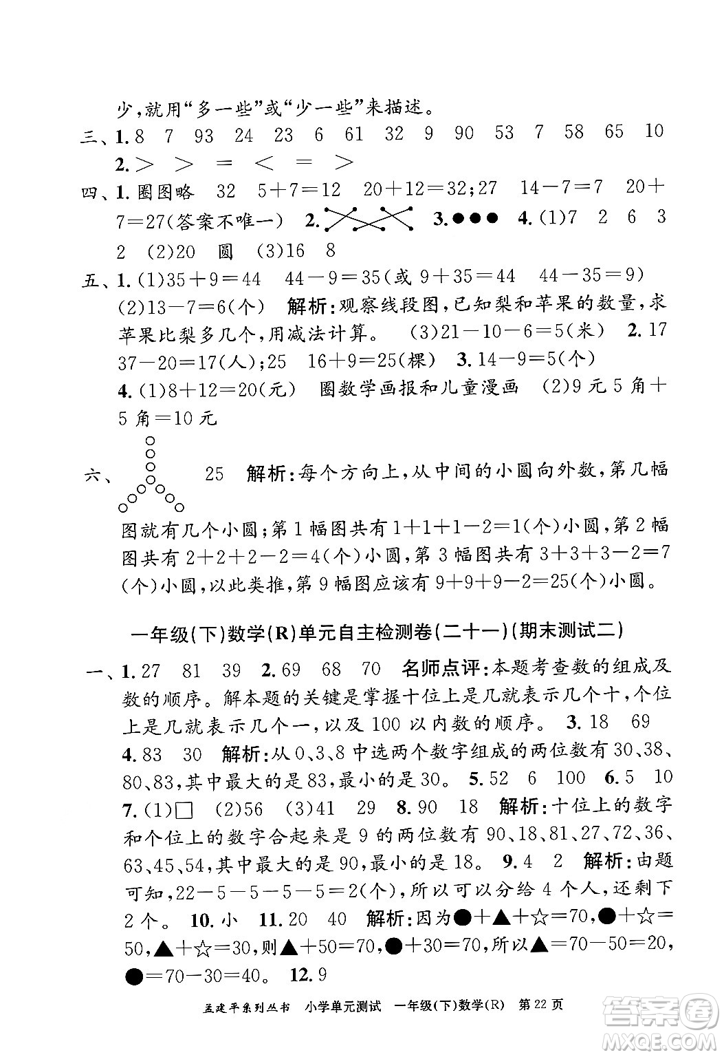 浙江工商大學(xué)出版社2024年春孟建平小學(xué)單元測試一年級數(shù)學(xué)下冊人教版答案