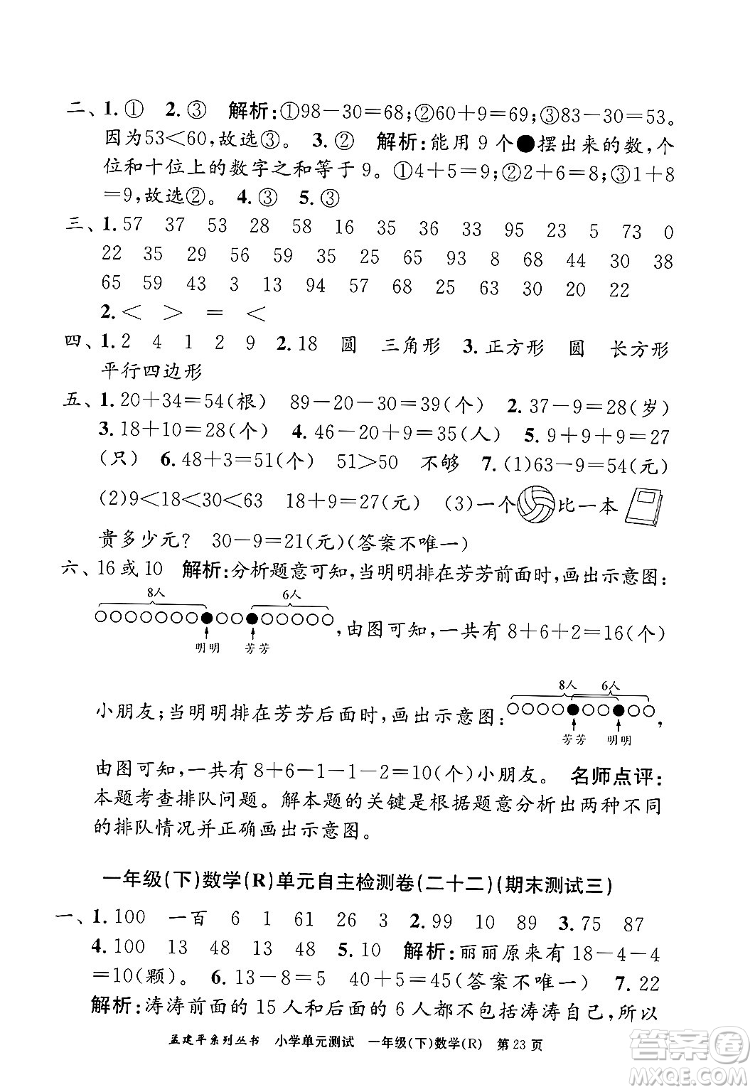 浙江工商大學(xué)出版社2024年春孟建平小學(xué)單元測試一年級數(shù)學(xué)下冊人教版答案