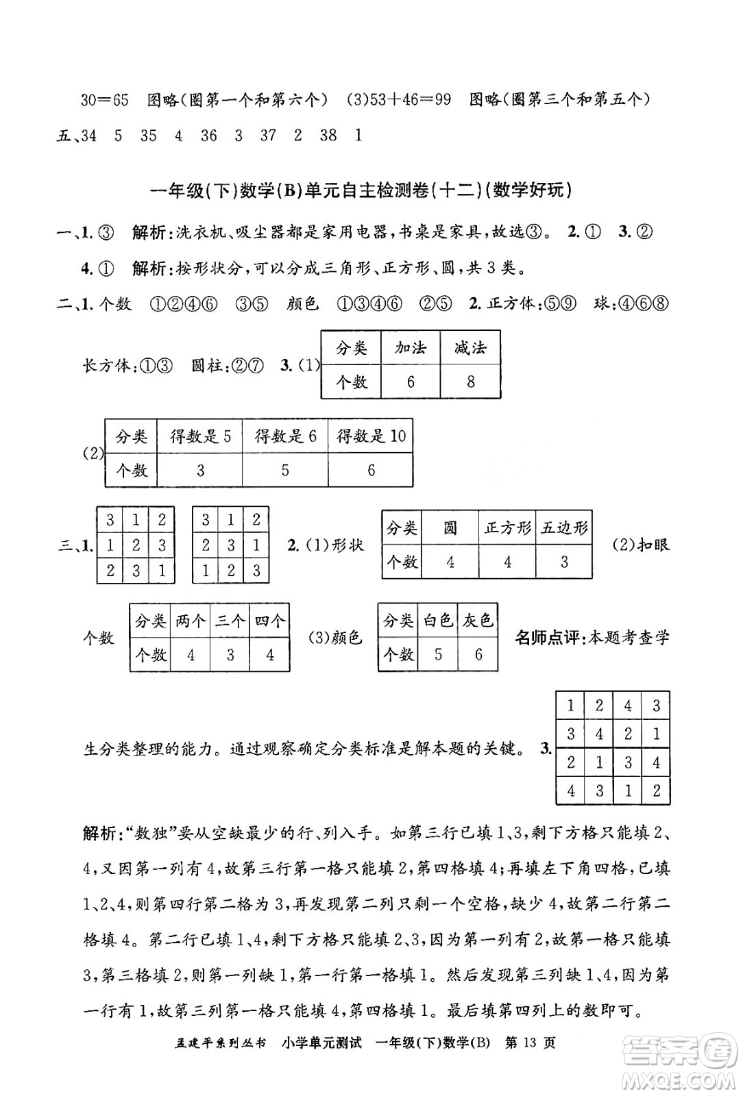 浙江工商大學出版社2024年春孟建平小學單元測試一年級數(shù)學下冊北師大版答案
