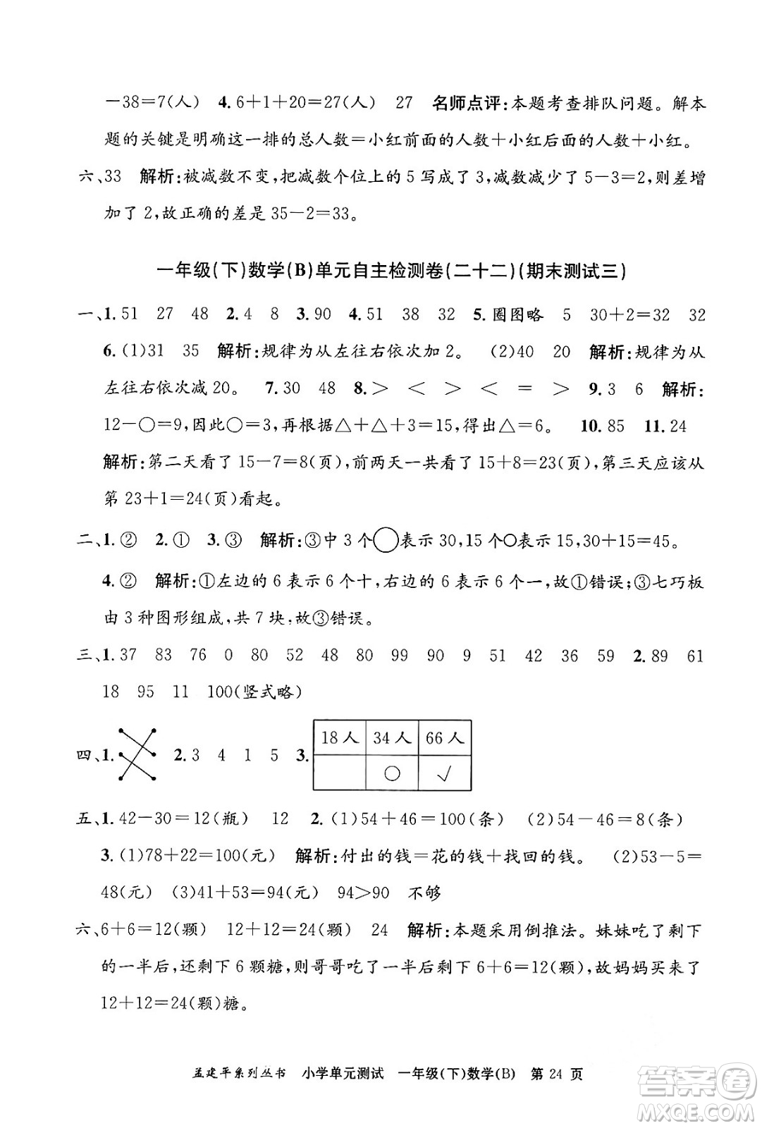 浙江工商大學出版社2024年春孟建平小學單元測試一年級數(shù)學下冊北師大版答案