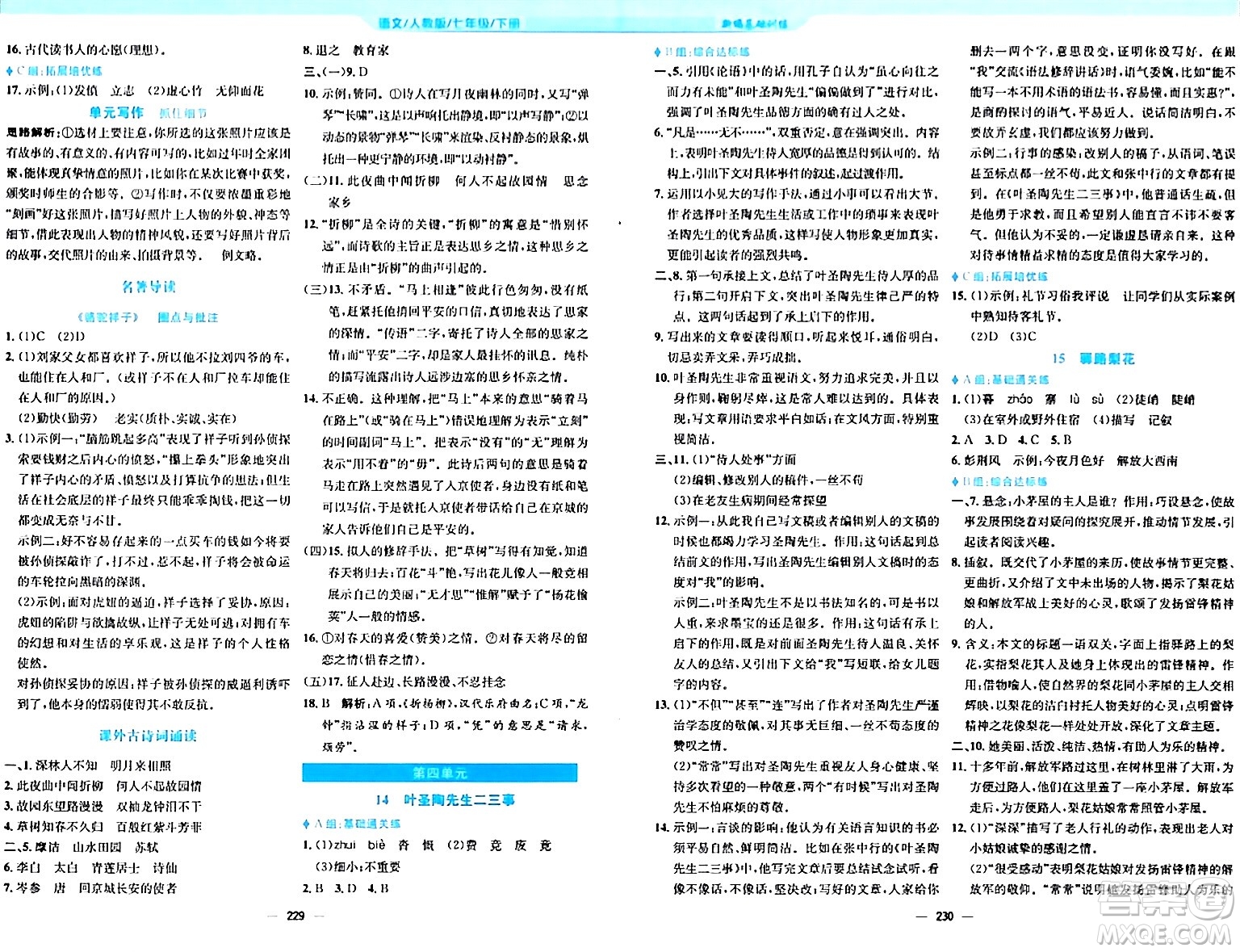 安徽教育出版社2024年春新編基礎訓練七年級語文下冊人教版答案