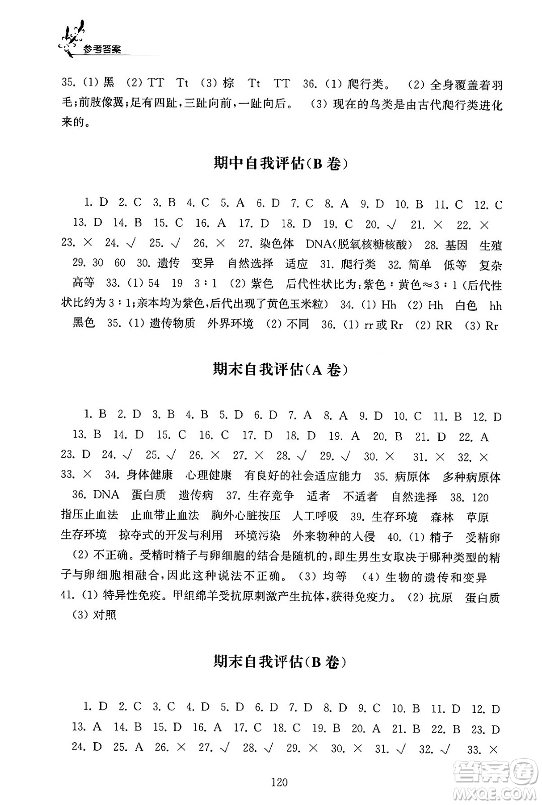 江蘇鳳凰教育出版社2024年春學(xué)習(xí)與評(píng)價(jià)八年級(jí)生物下冊(cè)蘇科版答案
