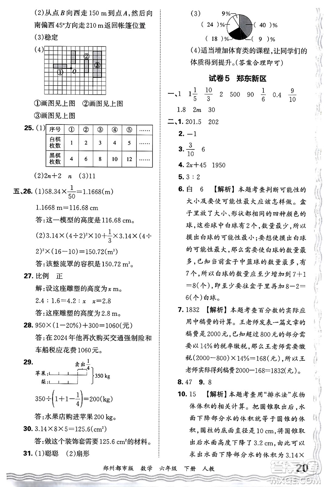 江西人民出版社2024年春王朝霞期末真題精編六年級數(shù)學下冊人教版鄭州專版答案
