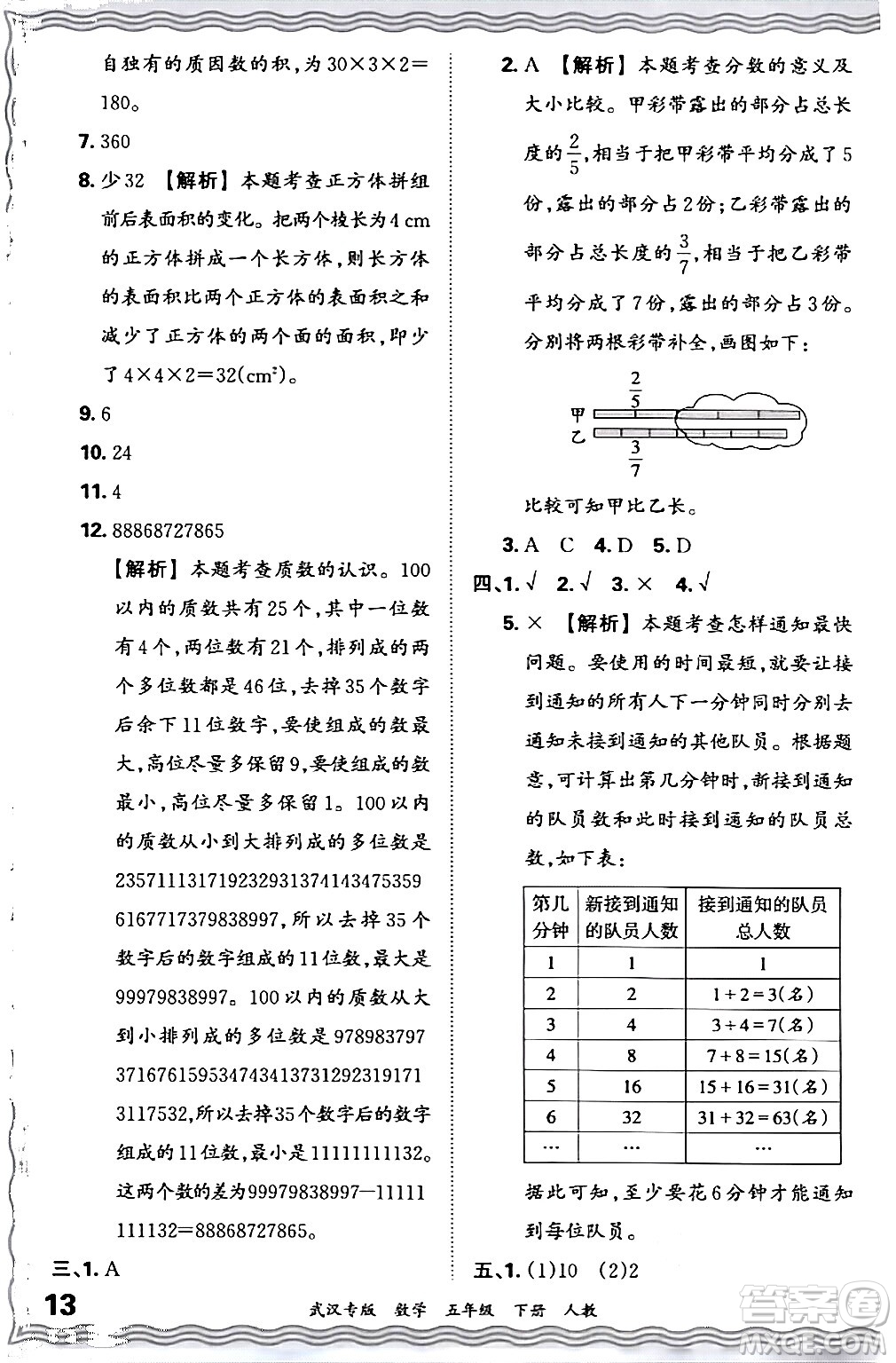 江西人民出版社2024年春王朝霞期末真題精編五年級數(shù)學下冊人教版武漢專版答案