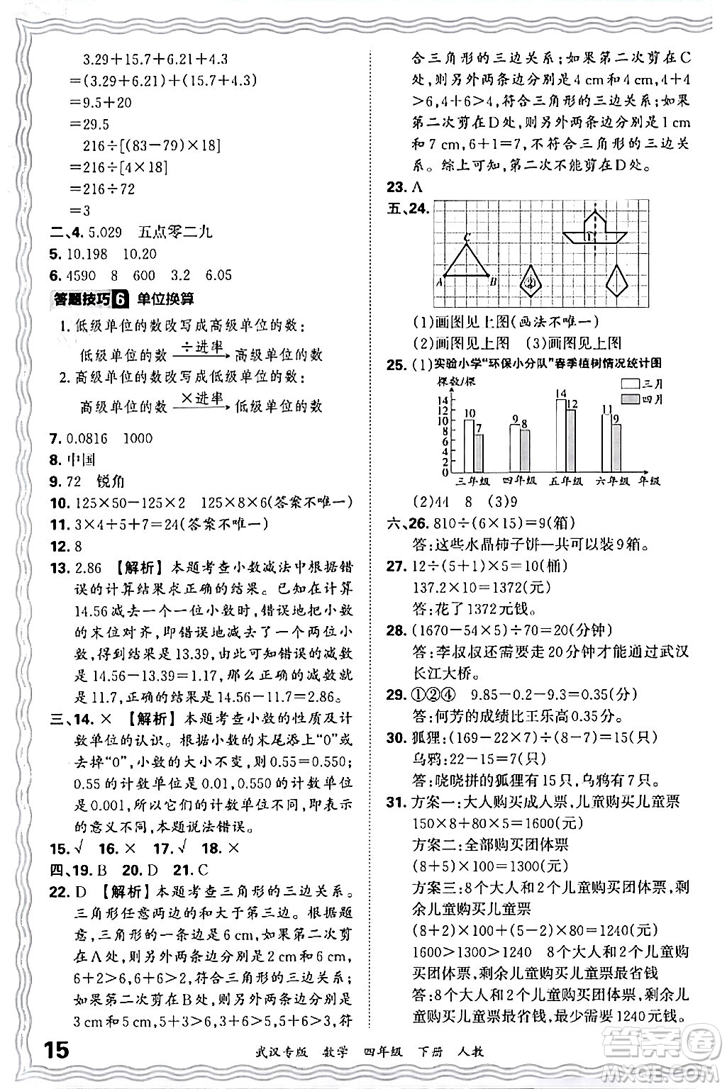 江西人民出版社2024年春王朝霞期末真題精編四年級(jí)數(shù)學(xué)下冊(cè)人教版武漢專(zhuān)版答案