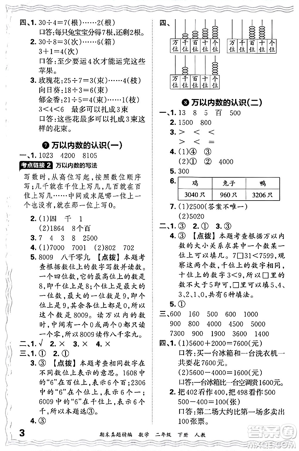 江西人民出版社2024年春王朝霞期末真題精編二年級數(shù)學下冊人教版答案