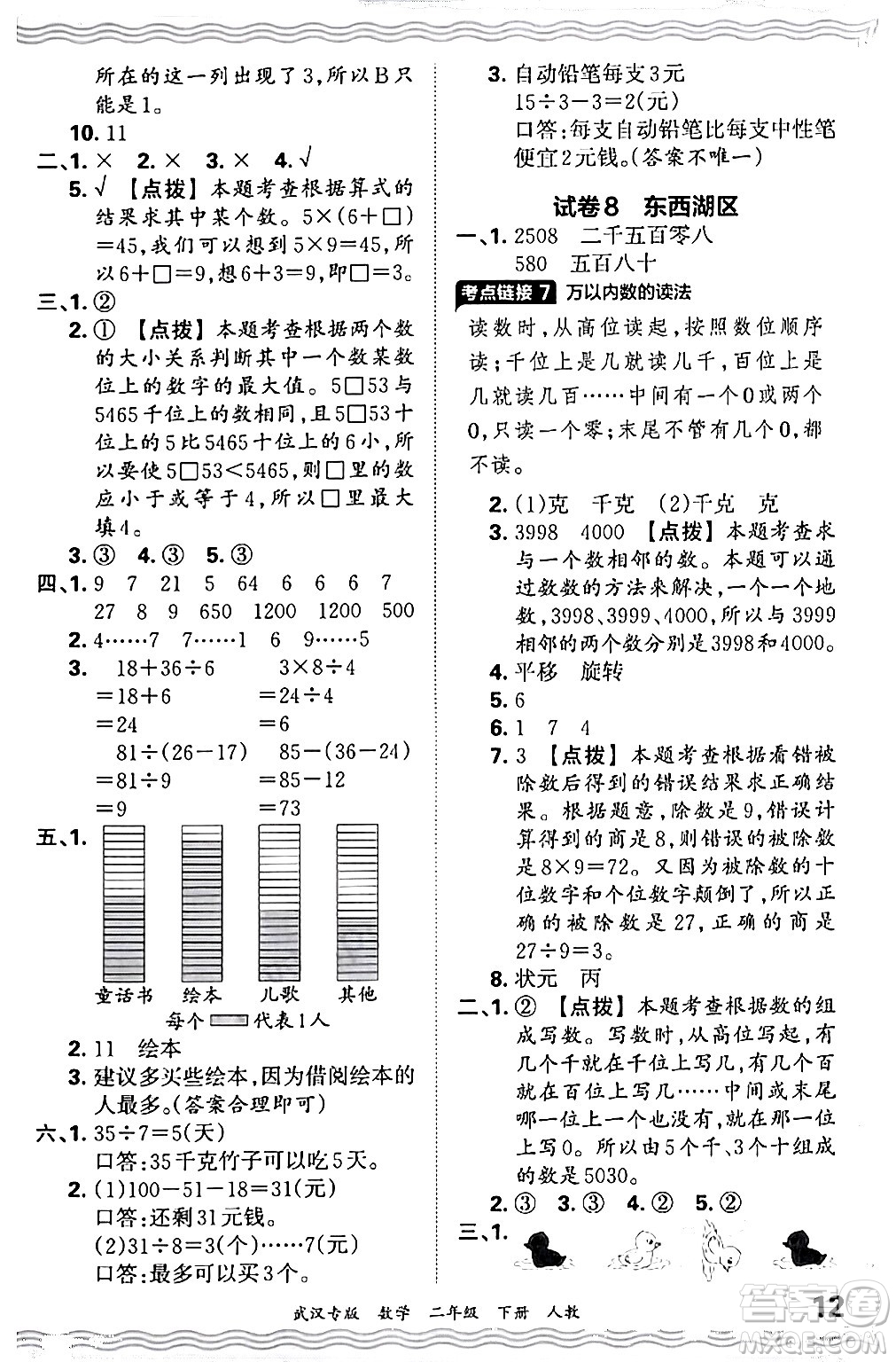江西人民出版社2024年春王朝霞期末真題精編二年級數(shù)學(xué)下冊人教版武漢專版答案