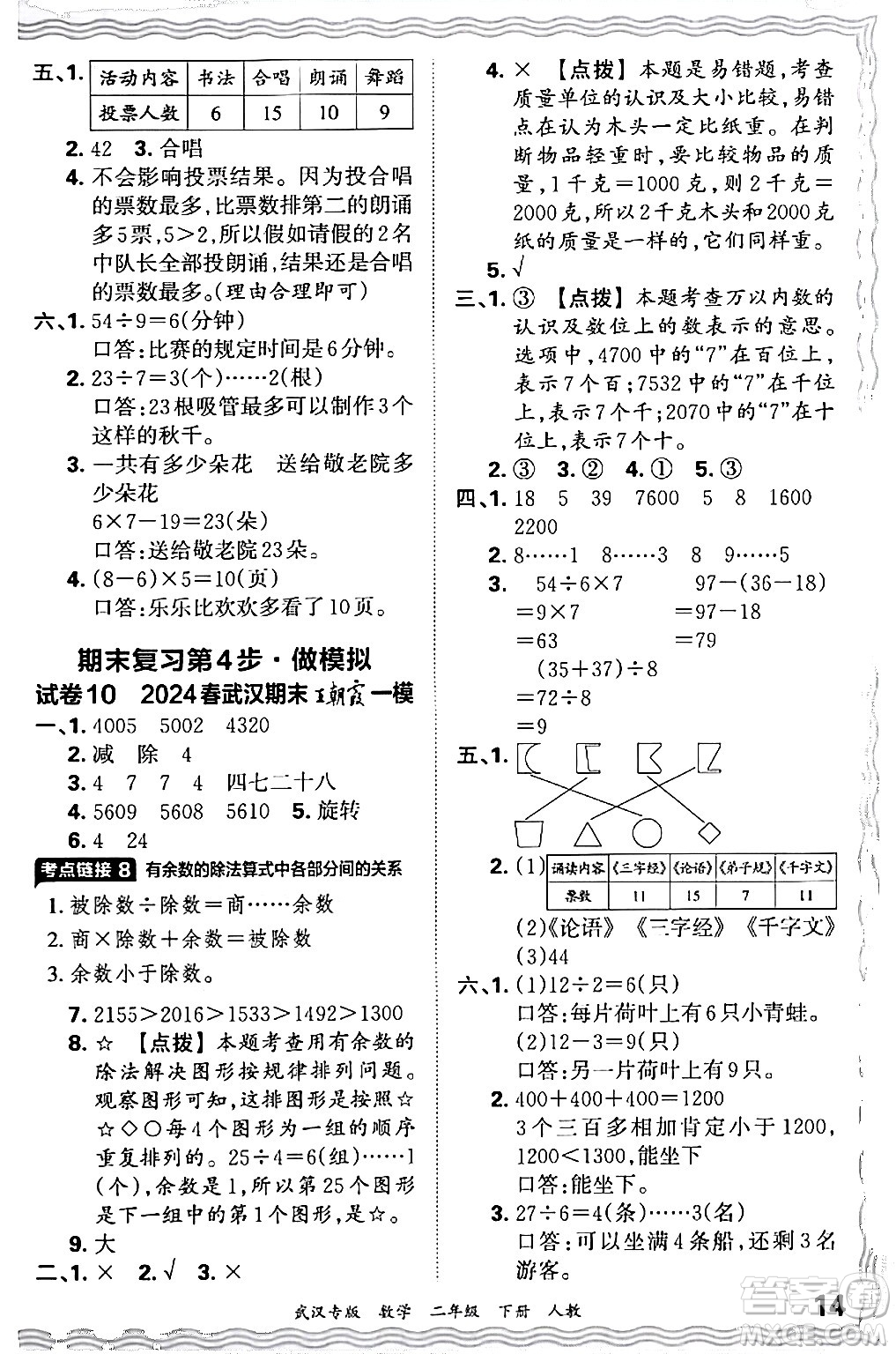 江西人民出版社2024年春王朝霞期末真題精編二年級數(shù)學(xué)下冊人教版武漢專版答案