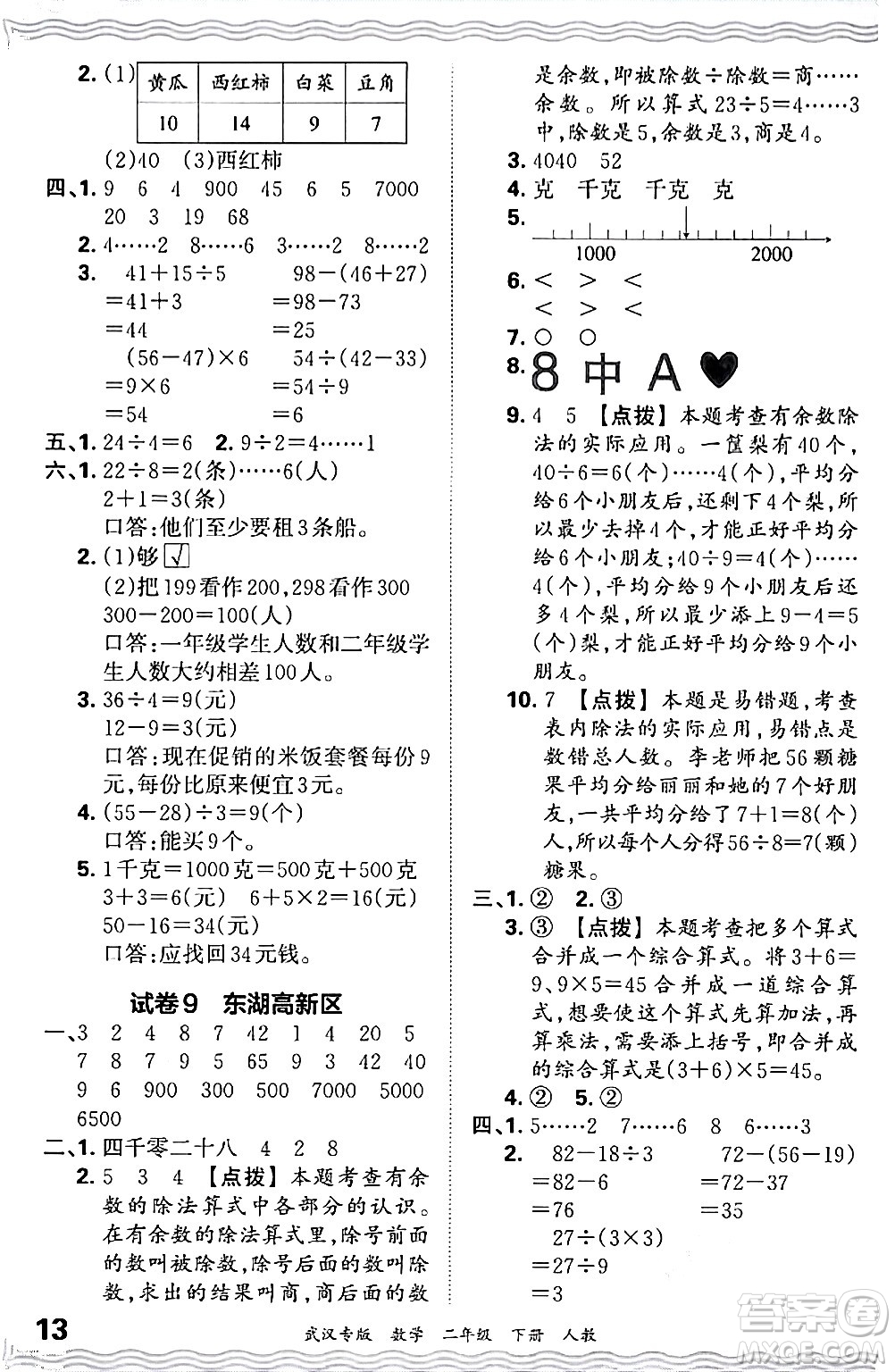 江西人民出版社2024年春王朝霞期末真題精編二年級數(shù)學(xué)下冊人教版武漢專版答案