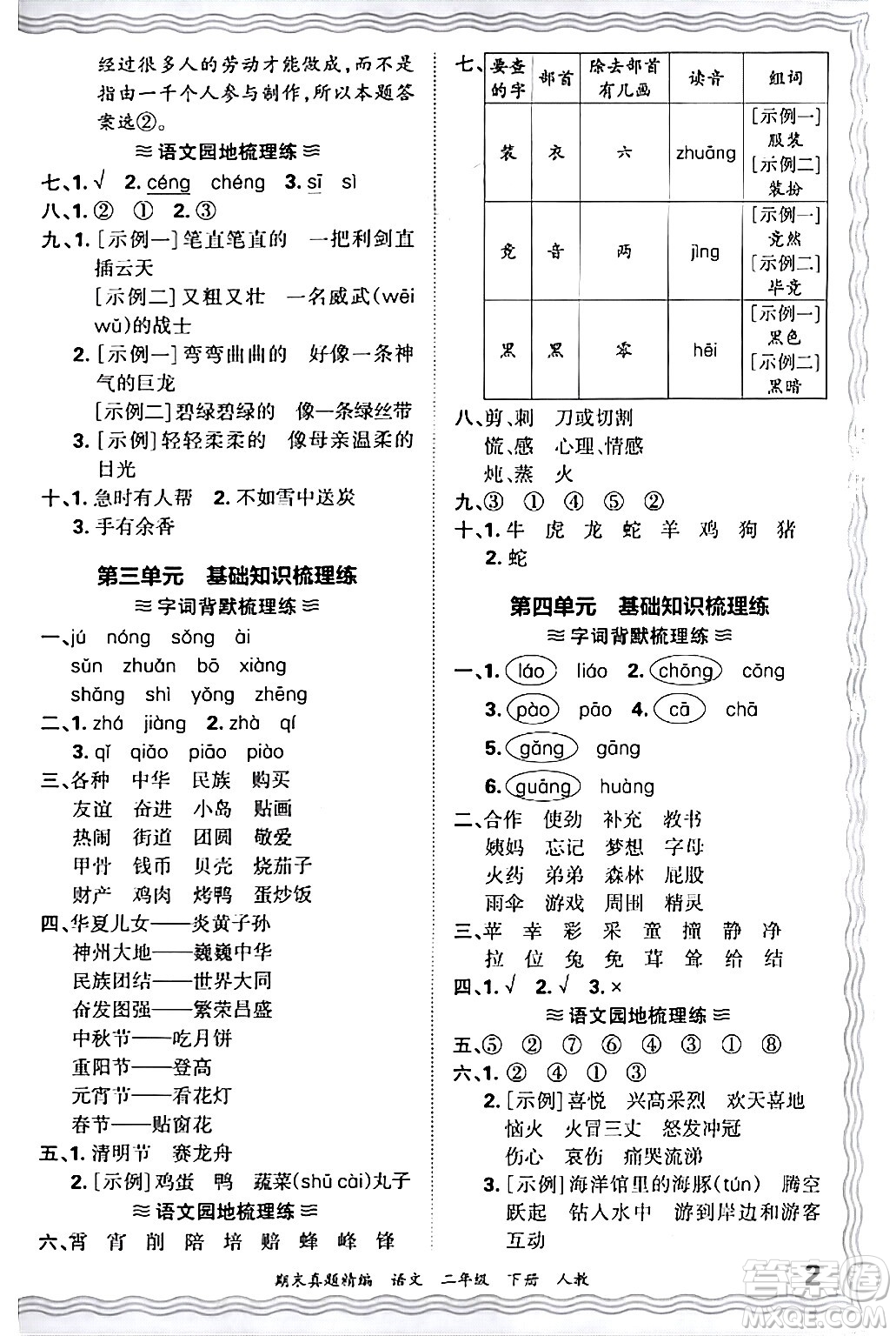 江西人民出版社2024年春王朝霞期末真題精編二年級語文下冊人教版答案