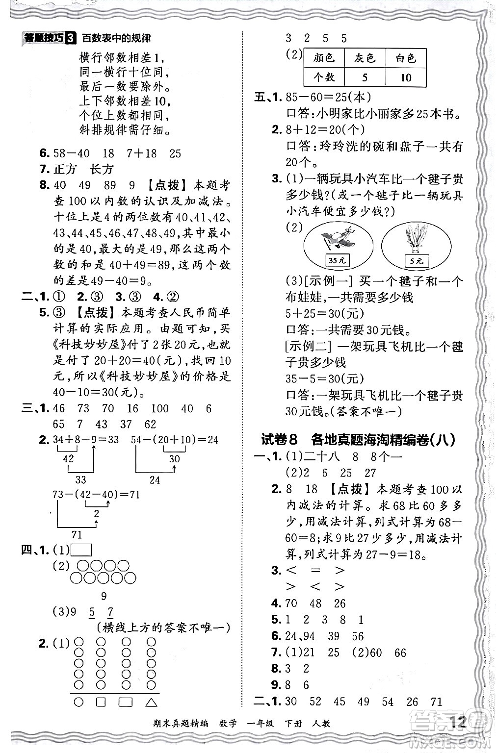 江西人民出版社2024年春王朝霞期末真題精編一年級數(shù)學下冊人教版答案