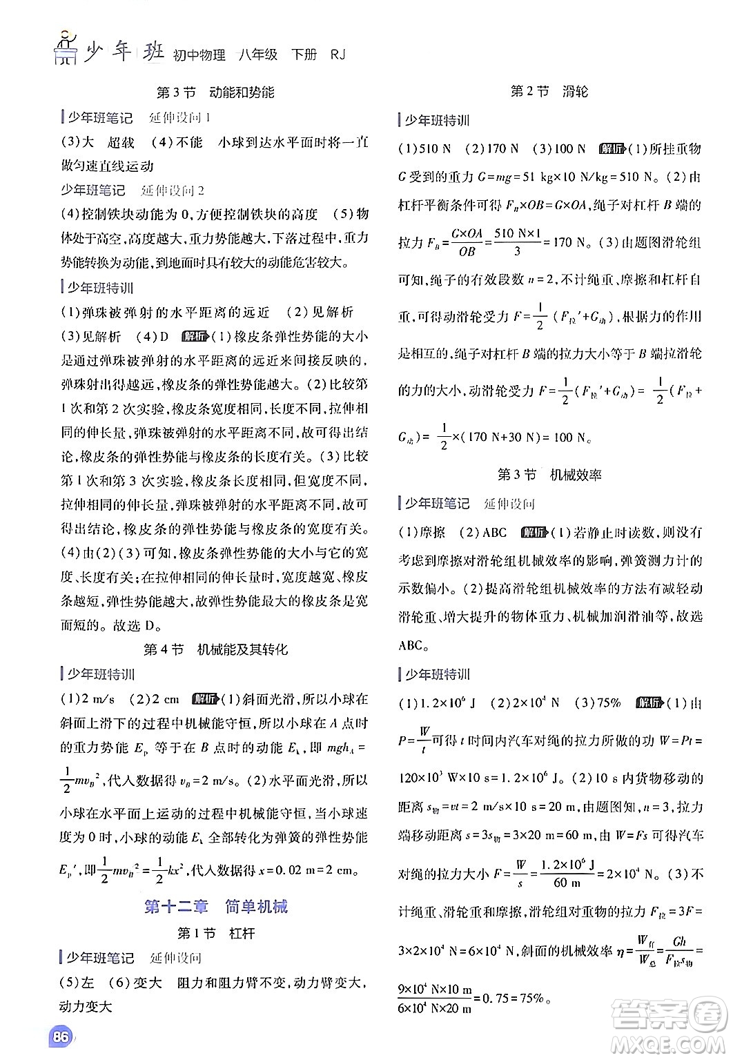 開明出版社2024年春少年班八年級(jí)物理下冊(cè)人教版答案