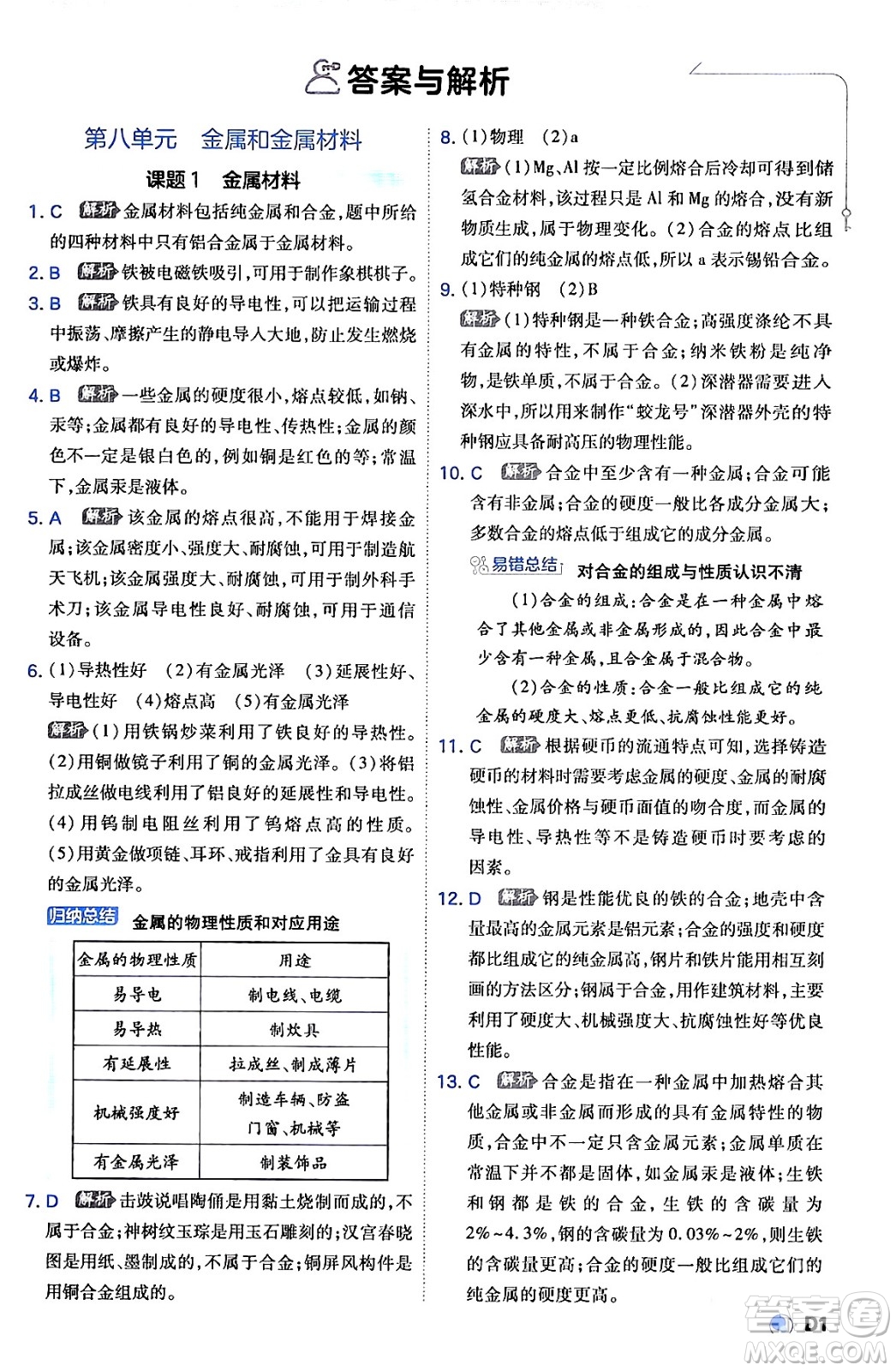 開明出版社2024年春少年班九年級化學(xué)下冊人教版答案