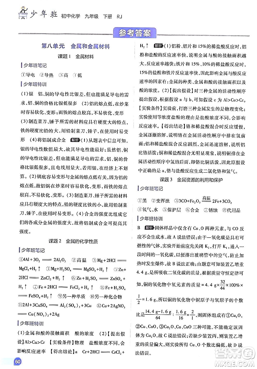 開明出版社2024年春少年班九年級化學(xué)下冊人教版答案
