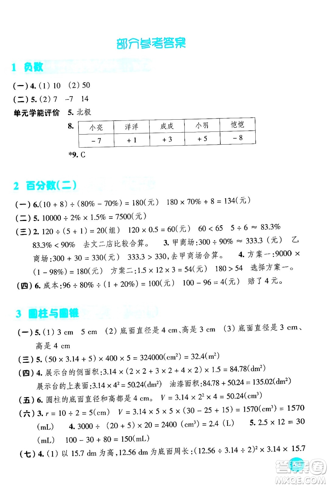浙江教育出版社2024年春學(xué)能評(píng)價(jià)六年級(jí)數(shù)學(xué)下冊(cè)人教版答案