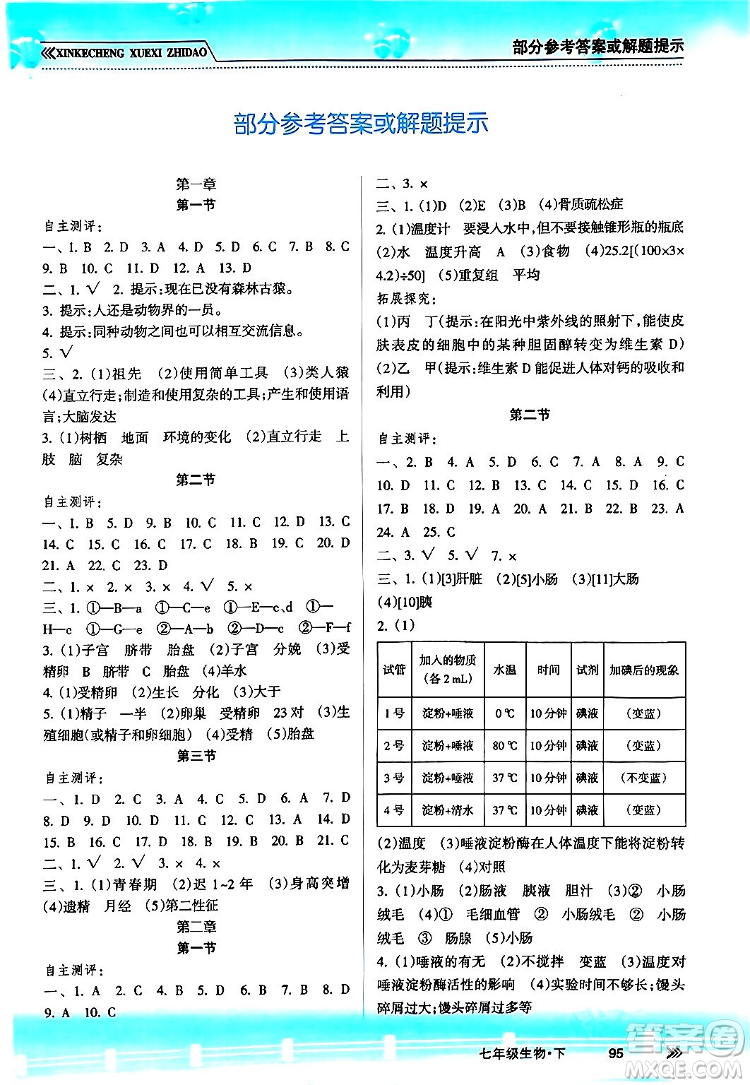 南方出版社2024年春新課程學(xué)習(xí)指導(dǎo)七年級(jí)生物下冊(cè)人教版答案
