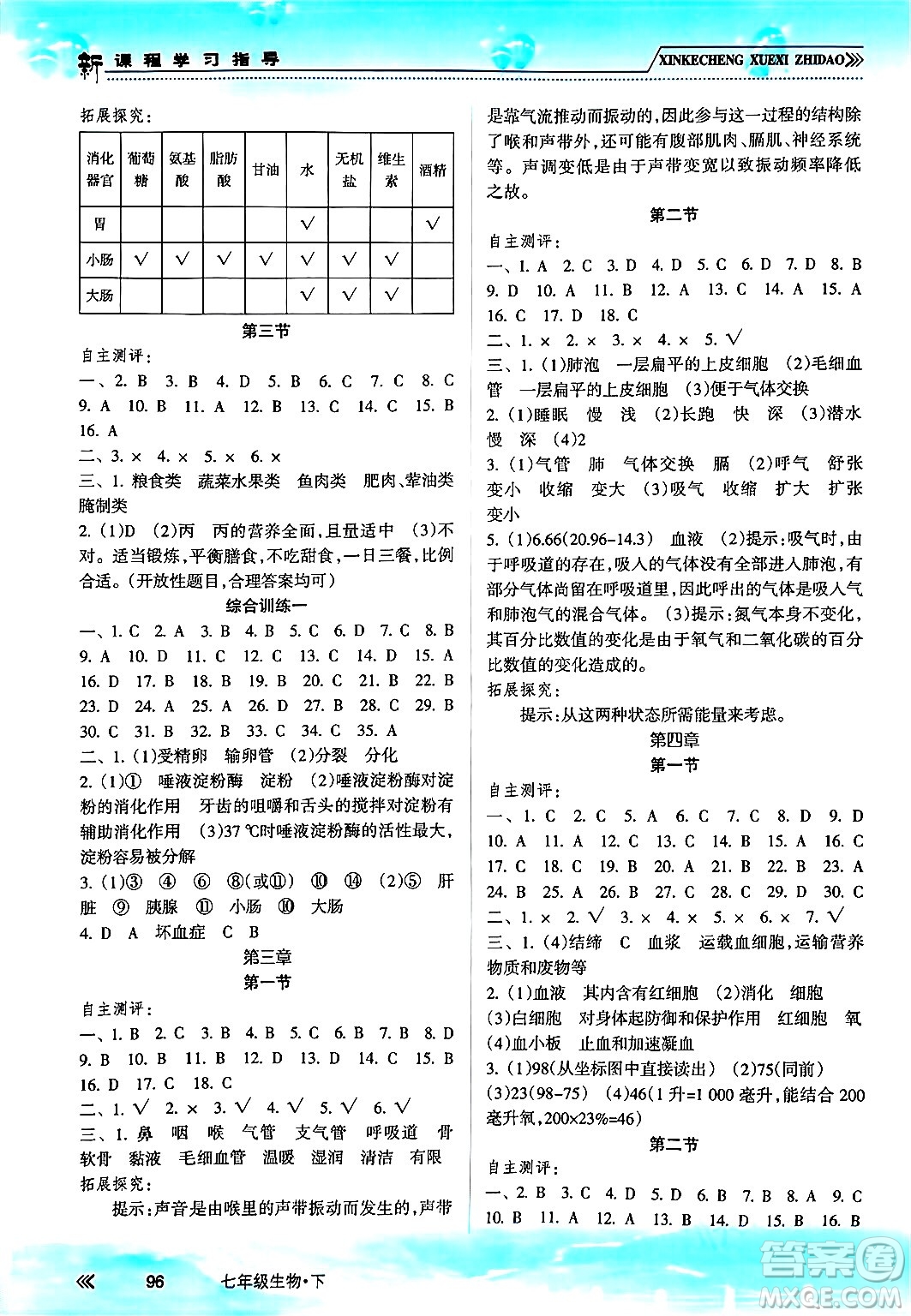 南方出版社2024年春新課程學(xué)習(xí)指導(dǎo)七年級(jí)生物下冊(cè)人教版答案