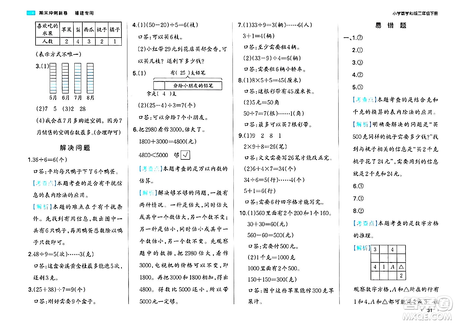 湖南教育出版社2024年春一本期末沖刺新卷二年級數(shù)學下冊人教版福建專版答案