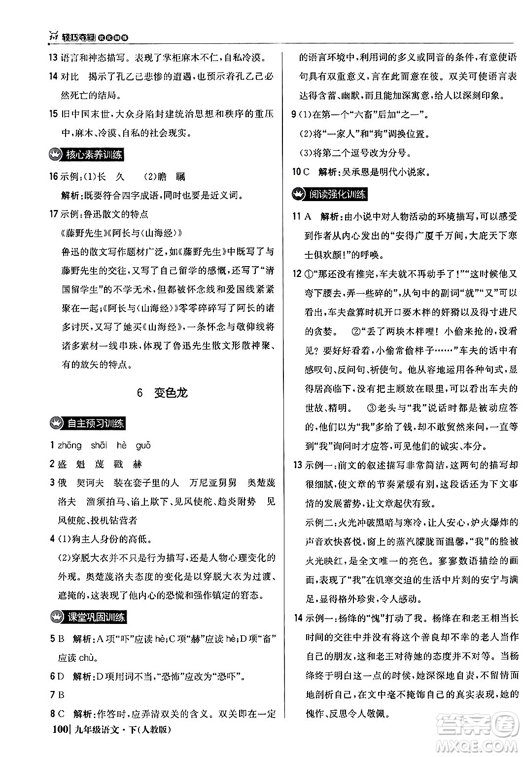 北京教育出版社2024年春1+1輕巧奪冠優(yōu)化訓(xùn)練九年級語文下冊人教版答案