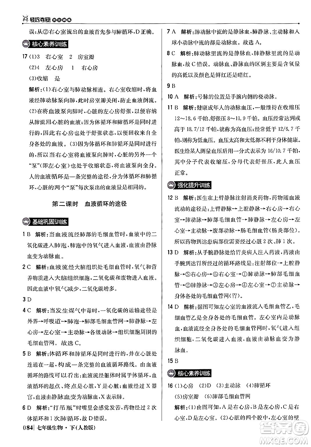 北京教育出版社2024年春1+1輕巧奪冠優(yōu)化訓(xùn)練七年級(jí)生物下冊(cè)人教版答案