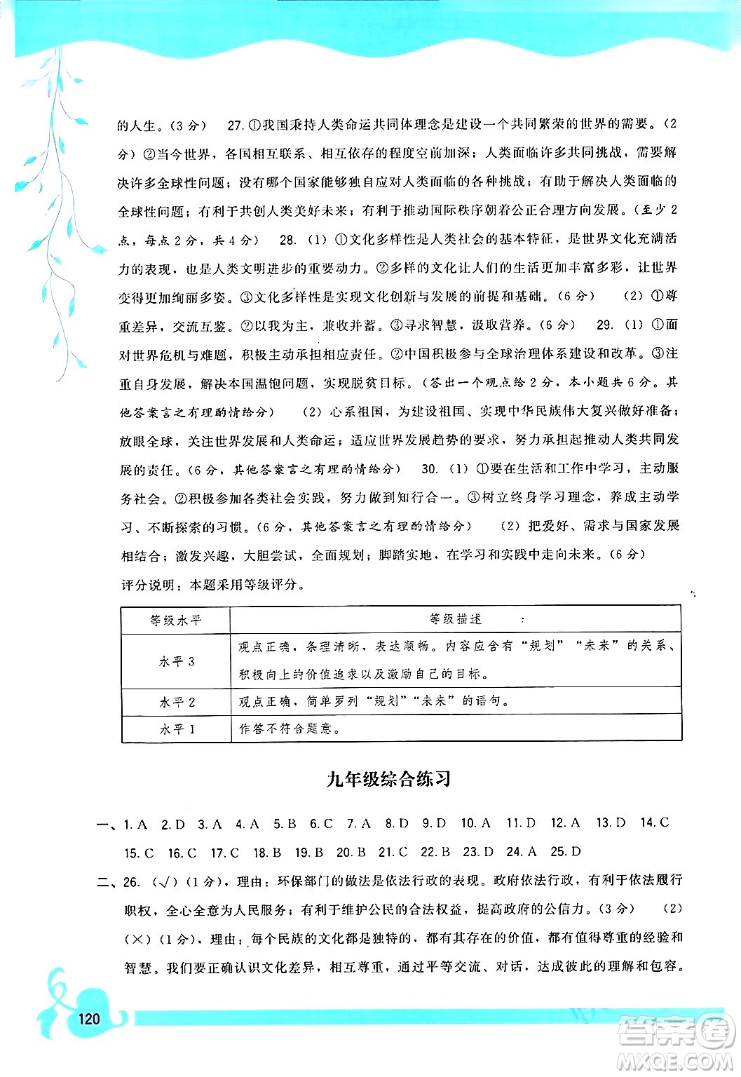 福建人民出版社2024年春頂尖課課練九年級(jí)道德與法治下冊(cè)人教版答案