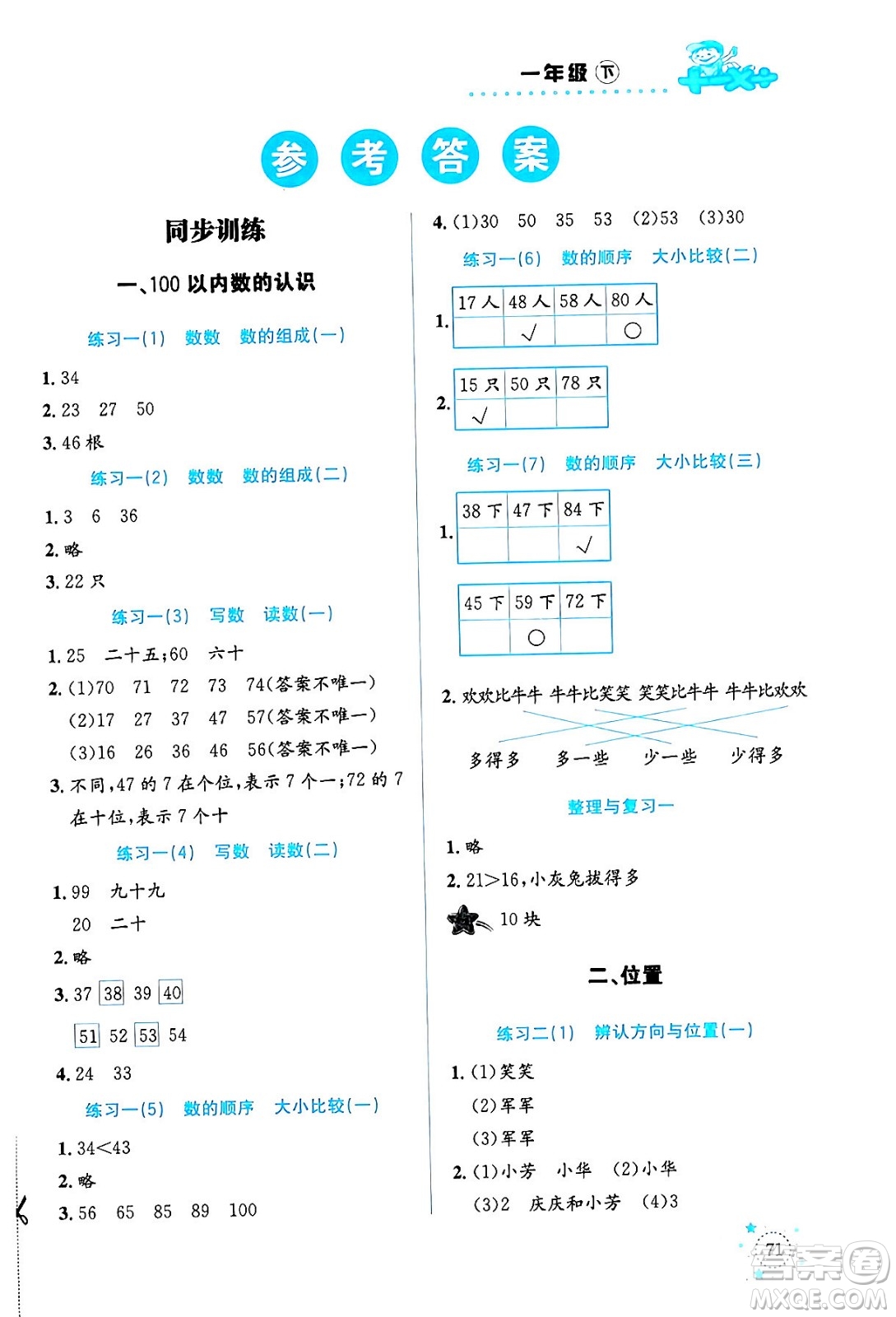 云南科技出版社2024年春小學數(shù)學解決問題專項訓練一年級數(shù)學下冊西師大版答案
