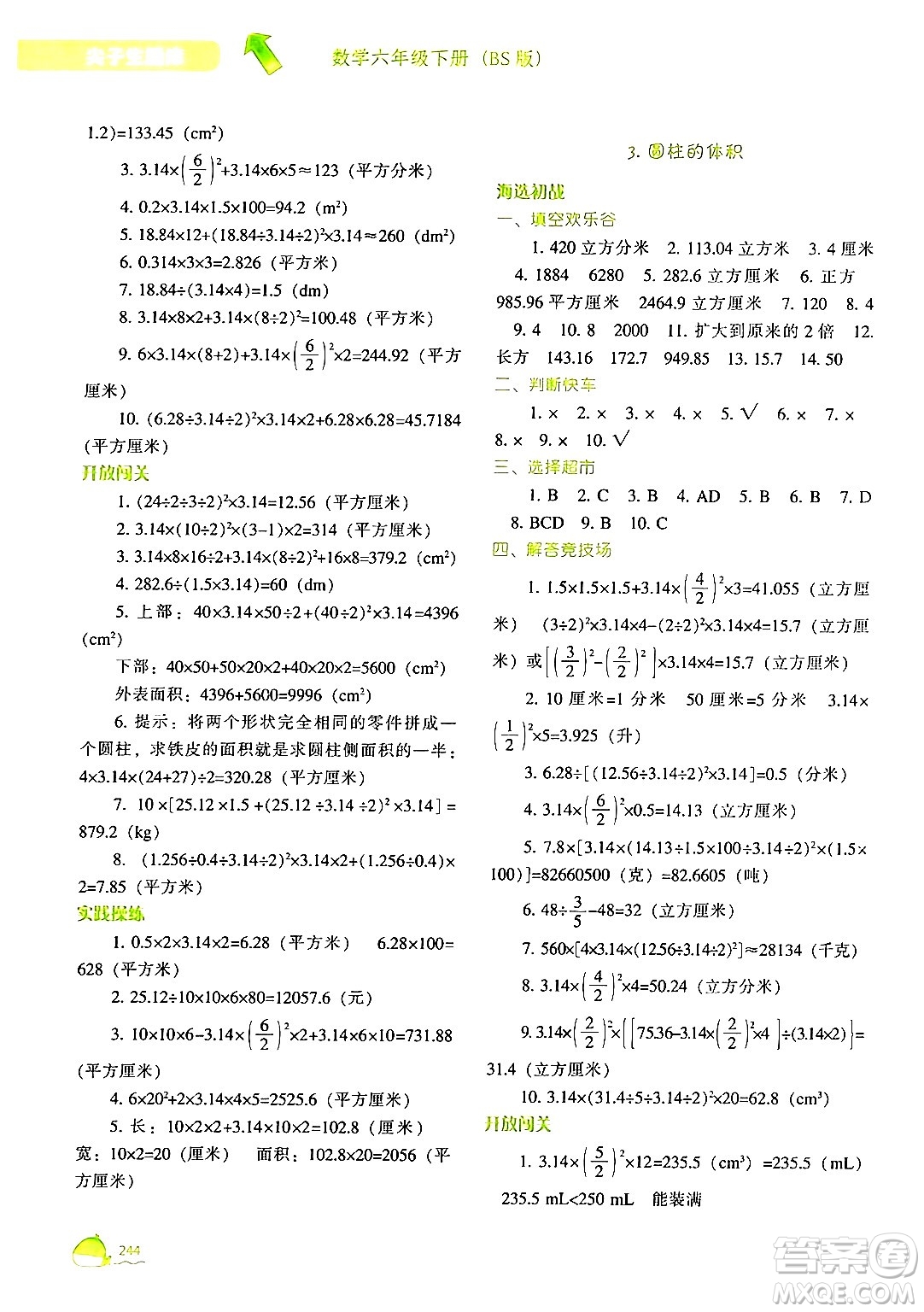 遼寧教育出版社2024年春尖子生題庫六年級(jí)數(shù)學(xué)下冊(cè)北師大版答案