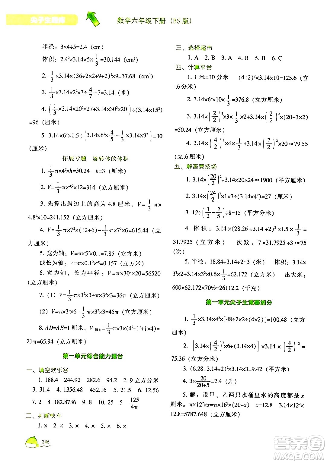 遼寧教育出版社2024年春尖子生題庫六年級(jí)數(shù)學(xué)下冊(cè)北師大版答案