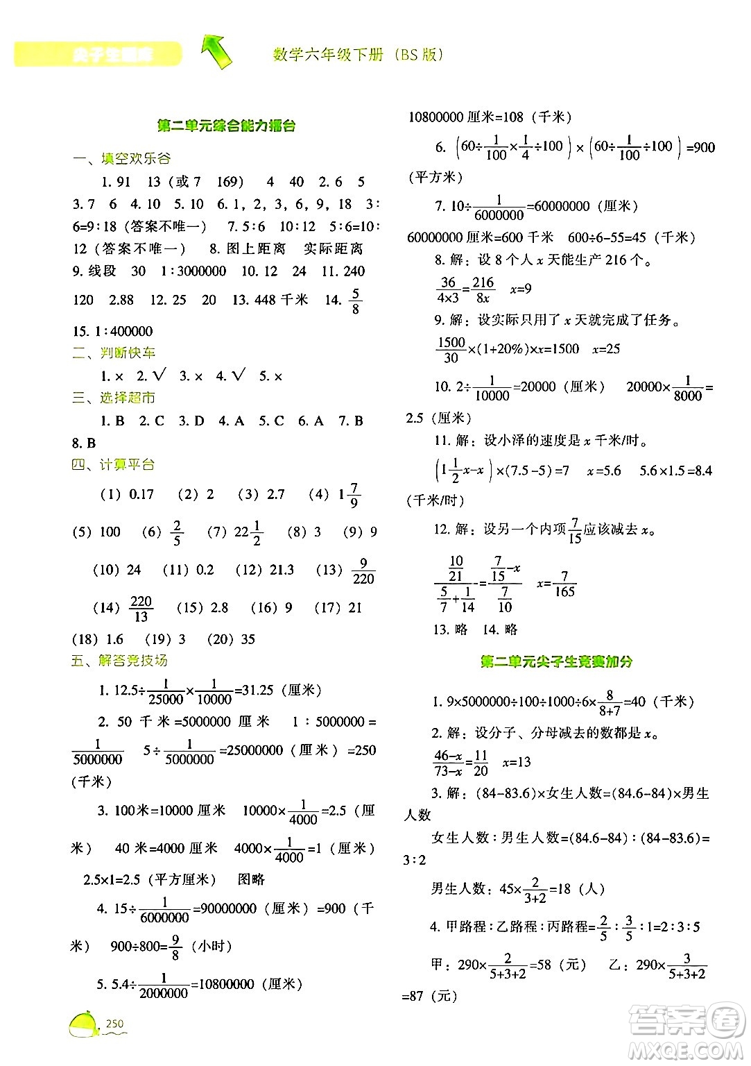 遼寧教育出版社2024年春尖子生題庫六年級(jí)數(shù)學(xué)下冊(cè)北師大版答案