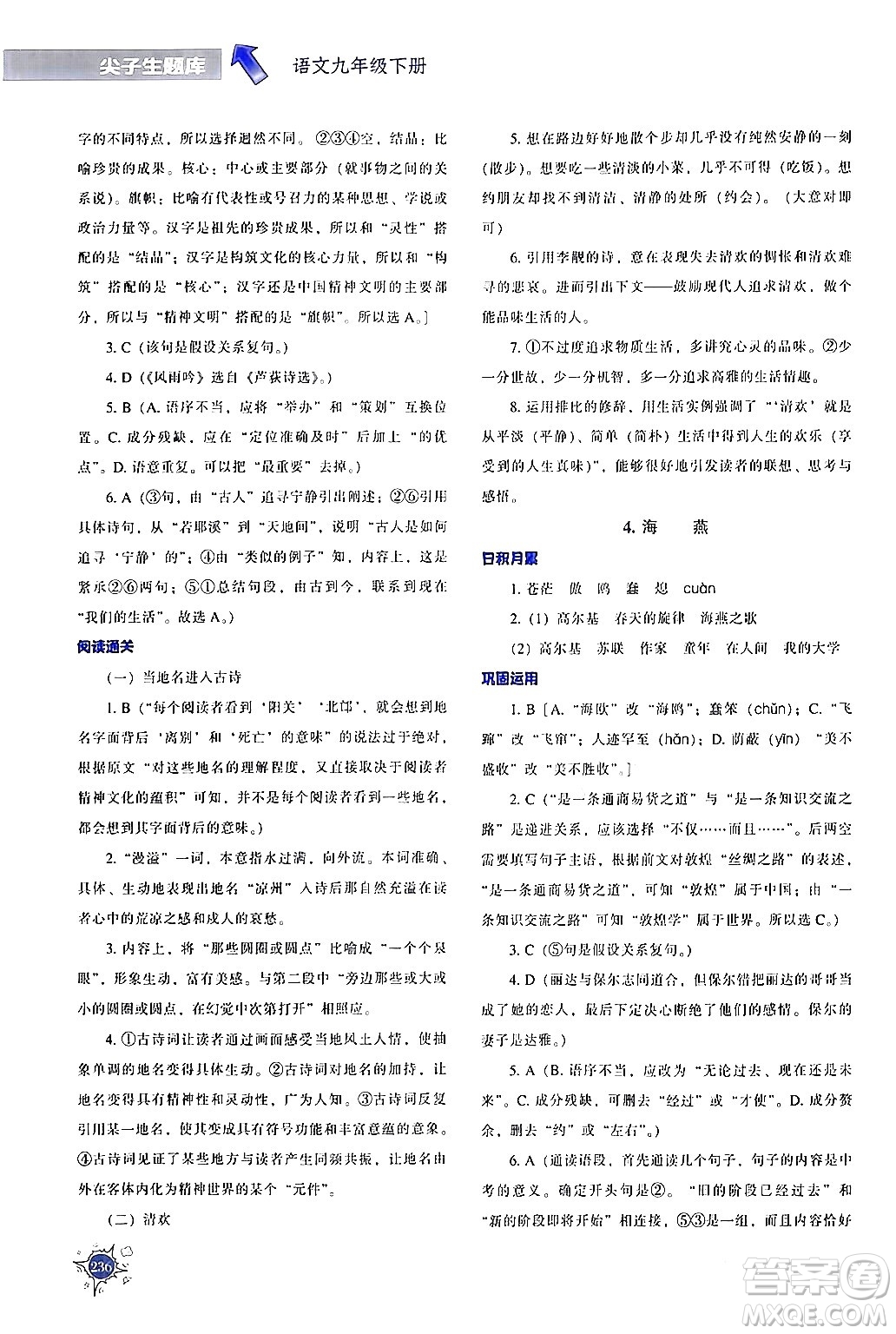 遼寧教育出版社2024年春尖子生題庫(kù)九年級(jí)語(yǔ)文下冊(cè)通用版答案