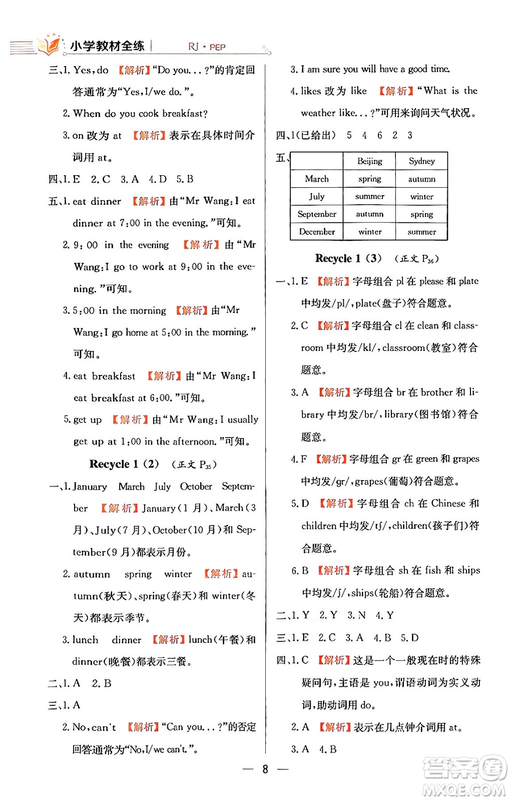 陜西人民教育出版社2024年春小學(xué)教材全練五年級英語下冊人教PEP版答案
