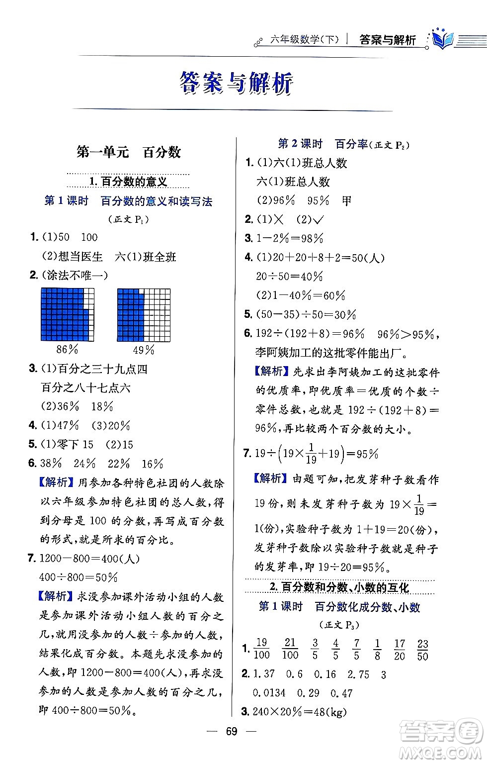 陜西人民教育出版社2024年春小學教材全練六年級數(shù)學下冊西師大版答案