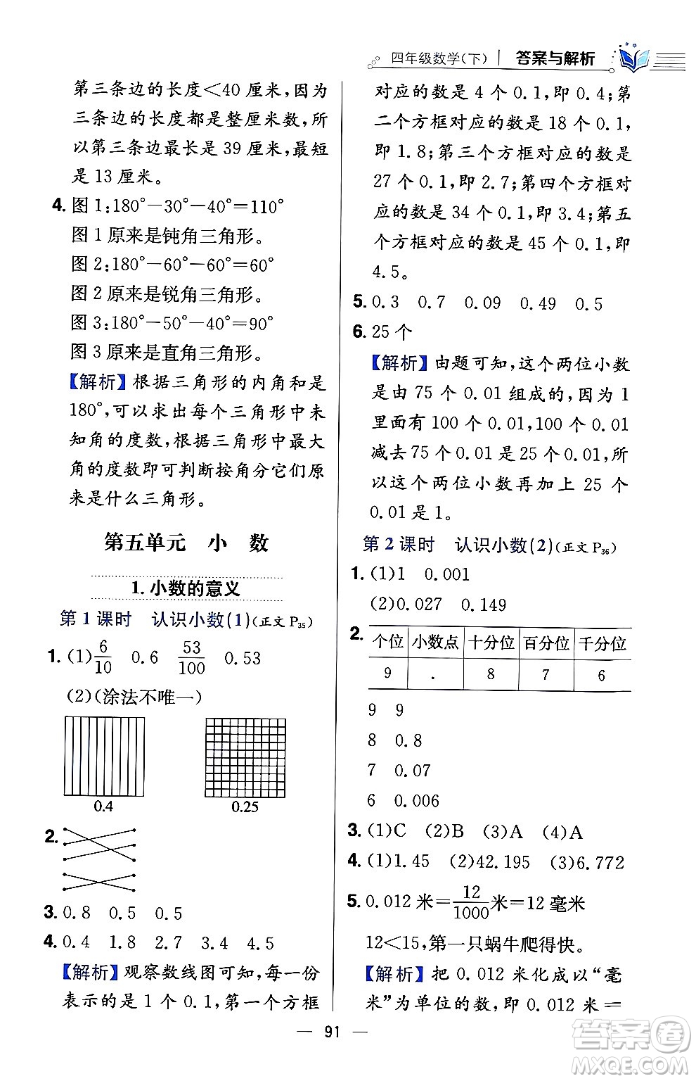 陜西人民教育出版社2024年春小學教材全練四年級數(shù)學下冊西南師大版答案