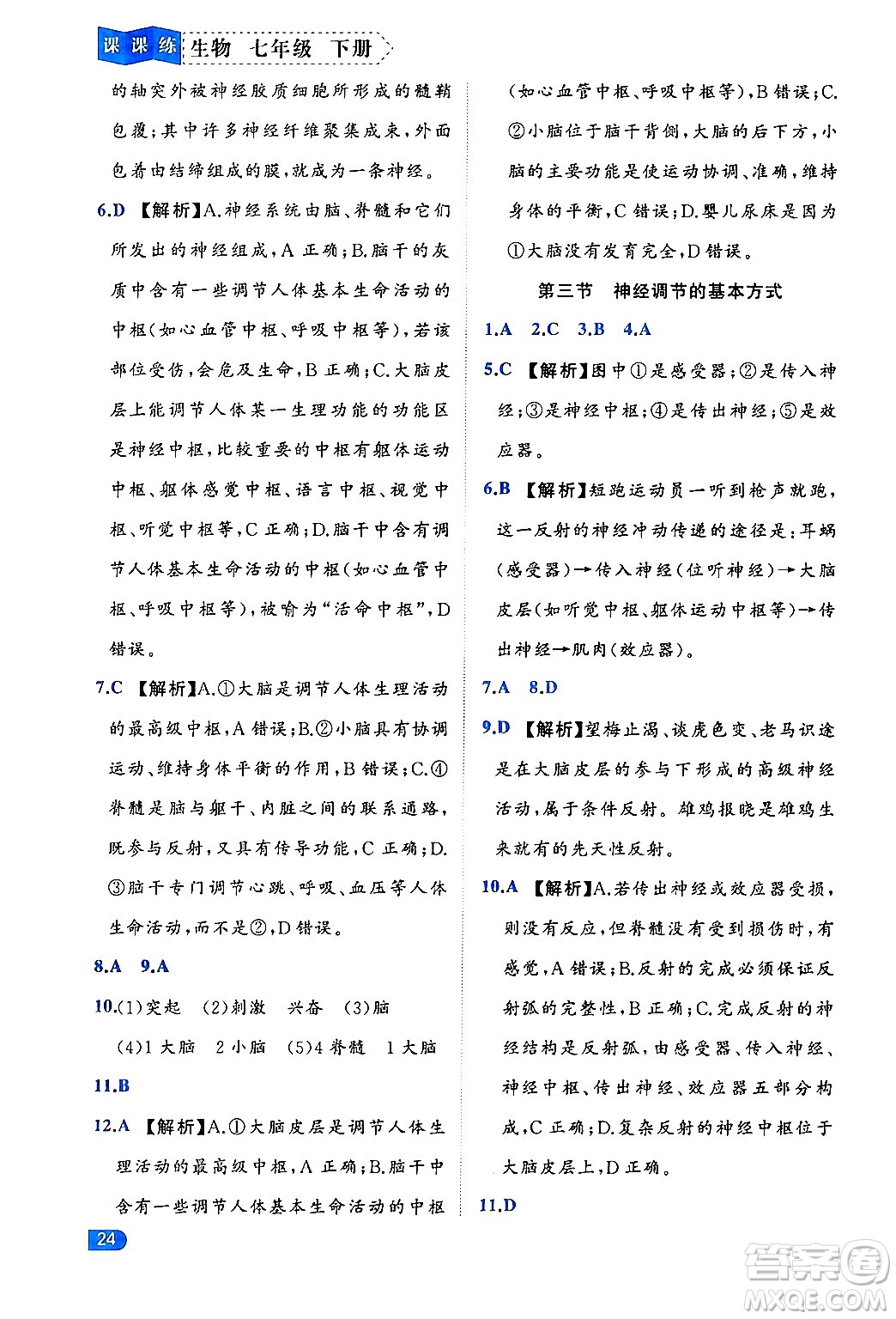西安出版社2024年春課課練同步訓練七年級生物下冊人教版答案