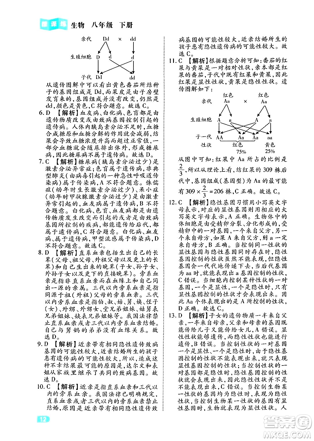西安出版社2024年春課課練同步訓(xùn)練八年級生物下冊人教版答案