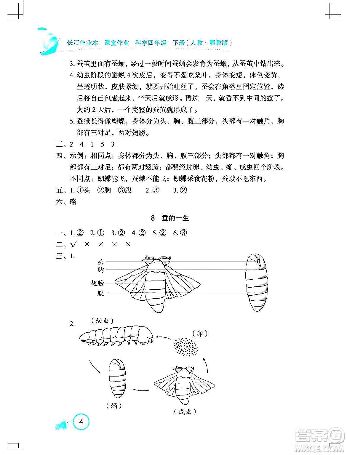 湖北教育出版社2024年春長(zhǎng)江作業(yè)本課堂作業(yè)四年級(jí)科學(xué)下冊(cè)人教鄂教版答案