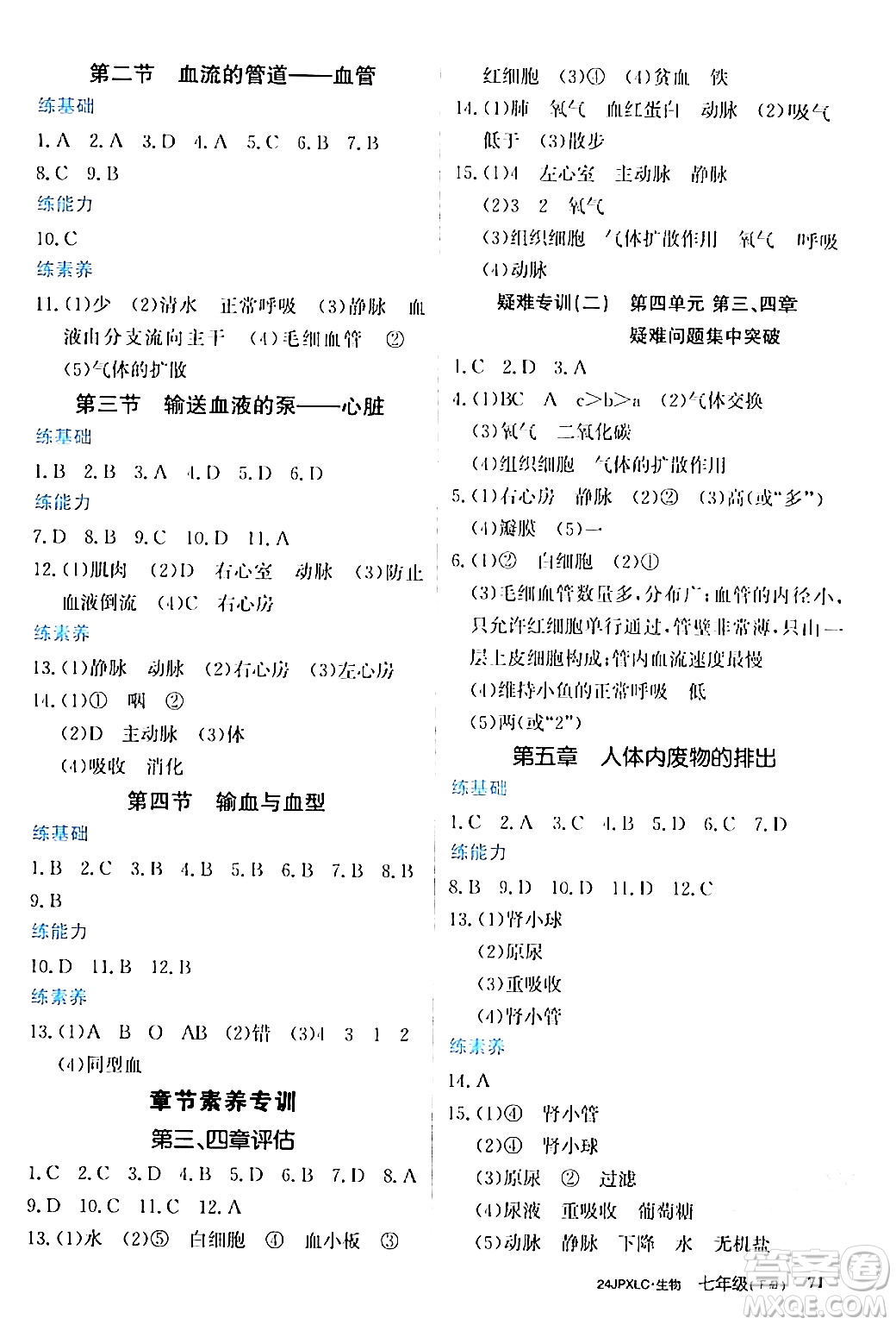 江西高校出版社2024年春金牌學(xué)練測創(chuàng)新作業(yè)設(shè)計七年級生物下冊課標版答案