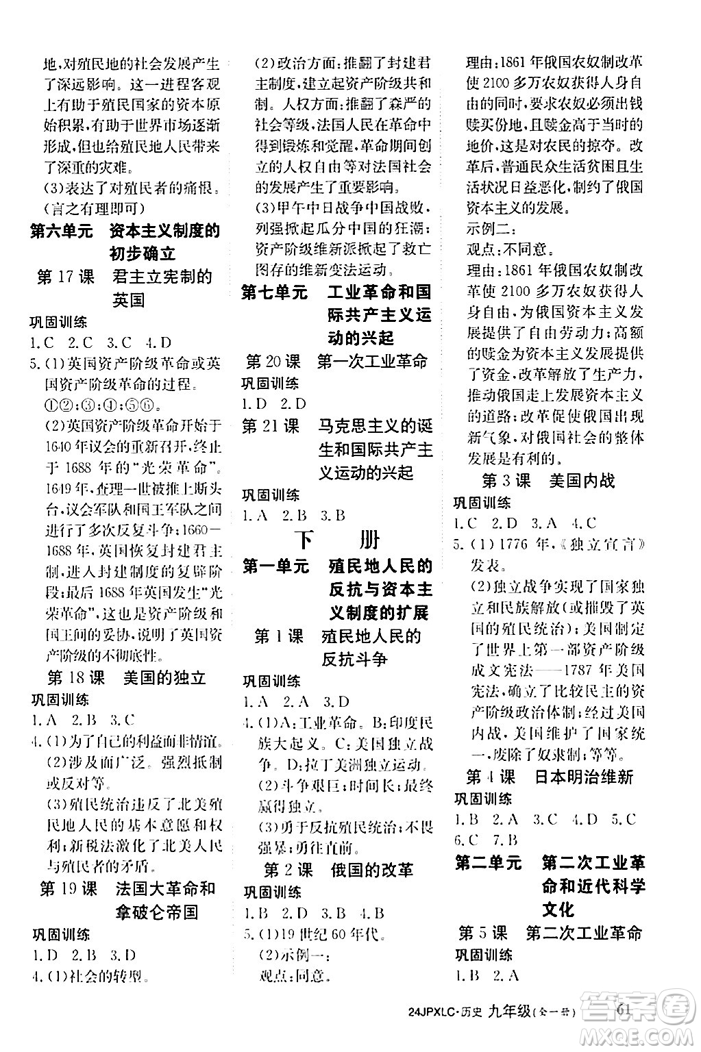江西高校出版社2024年春金牌學(xué)練測創(chuàng)新作業(yè)設(shè)計(jì)九年級歷史下冊課標(biāo)版答案