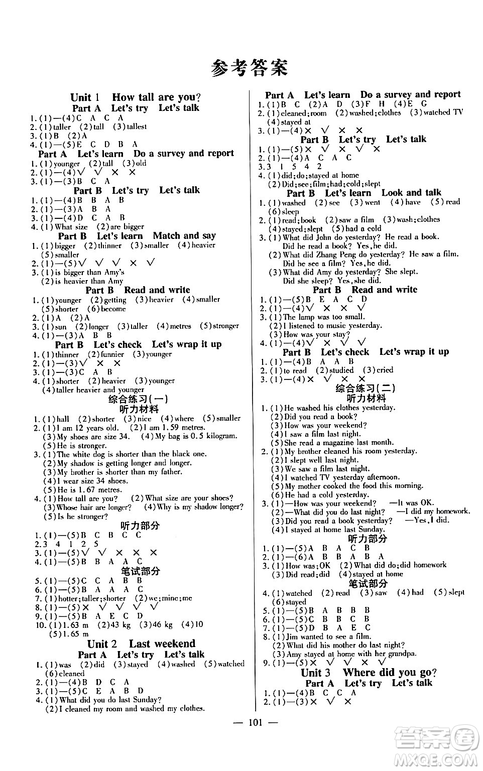 陽(yáng)光出版社2024年春快樂(lè)練習(xí)作業(yè)本六年級(jí)英語(yǔ)下冊(cè)人教版答案