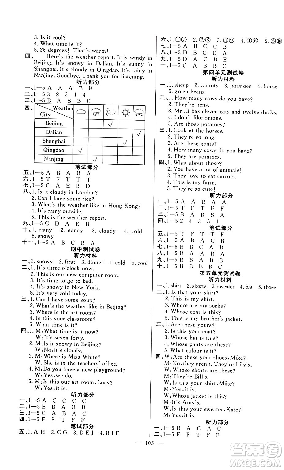 陽光出版社2024年春快樂練習(xí)作業(yè)本四年級(jí)英語下冊(cè)人教版答案