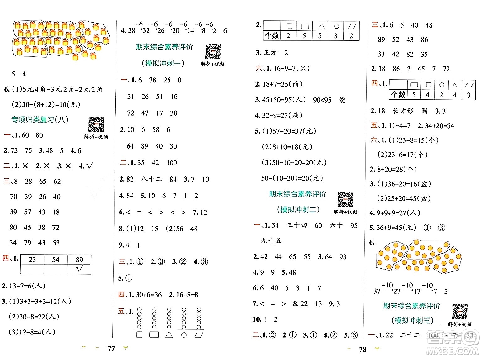 陜西師范大學出版總社有限公司2024年春小學學霸沖A卷一年級數(shù)學下冊人教版答案