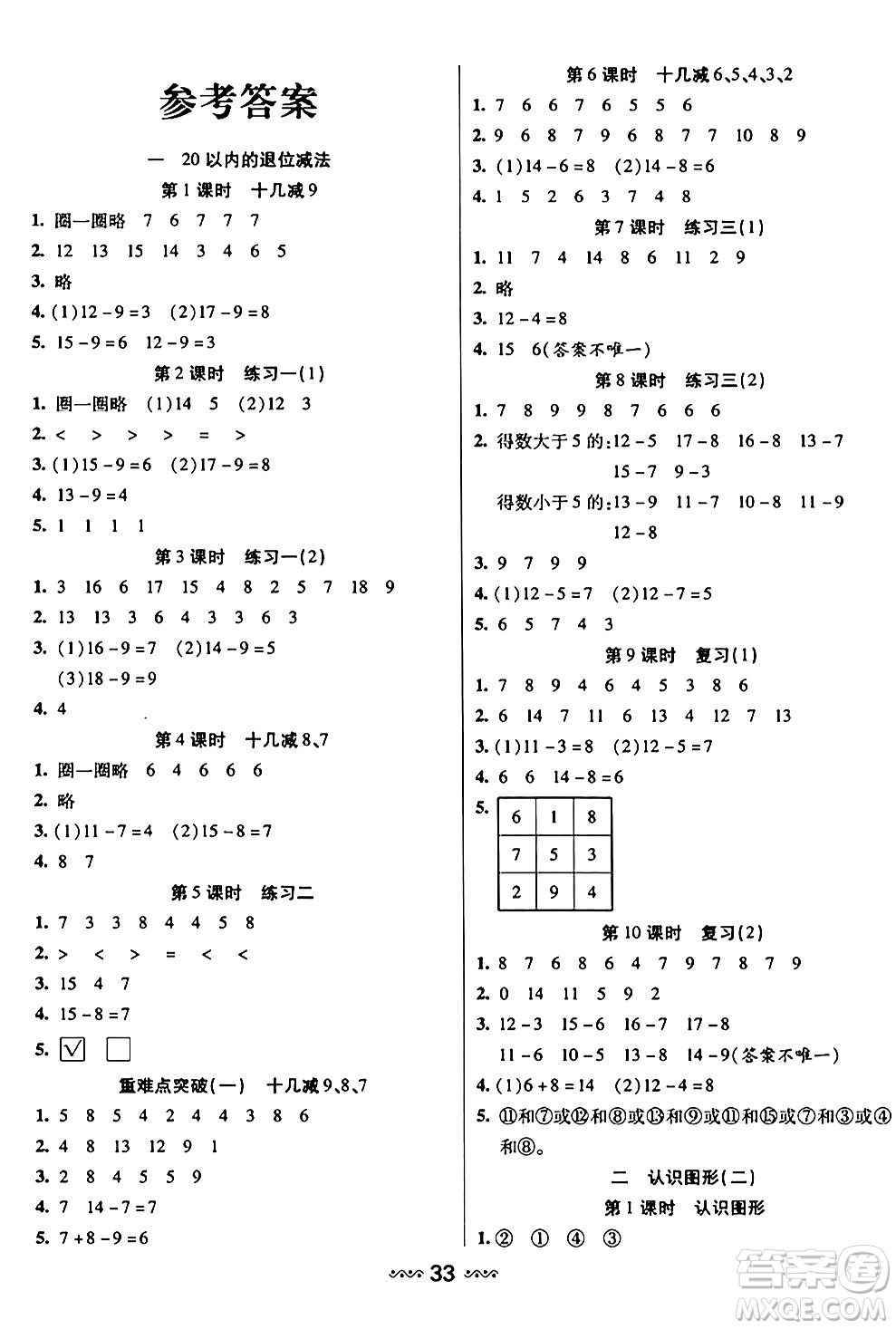 河北少年兒童出版社出版社2024年春輕松練一線課堂一年級(jí)數(shù)學(xué)下冊(cè)人教版答案