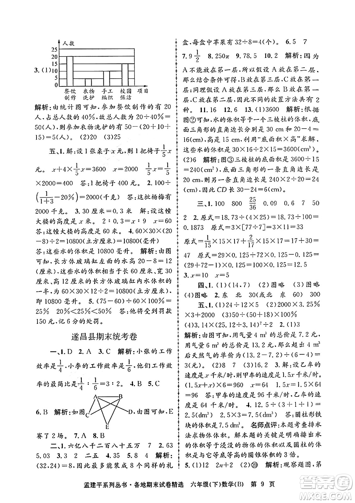 浙江工商大學出版社2024年春孟建平各地期末試卷精選六年級數(shù)學下冊北師大版答案
