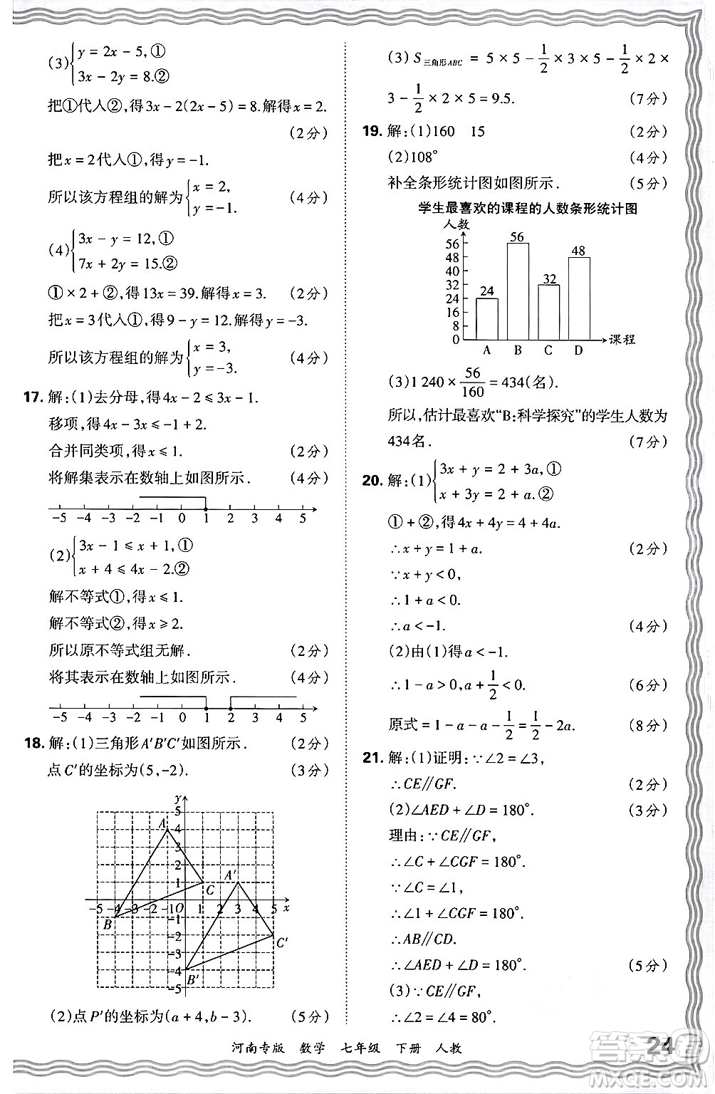 江西人民出版社2024年春王朝霞各地期末試卷精選七年級數(shù)學(xué)下冊人教版河南專版答案