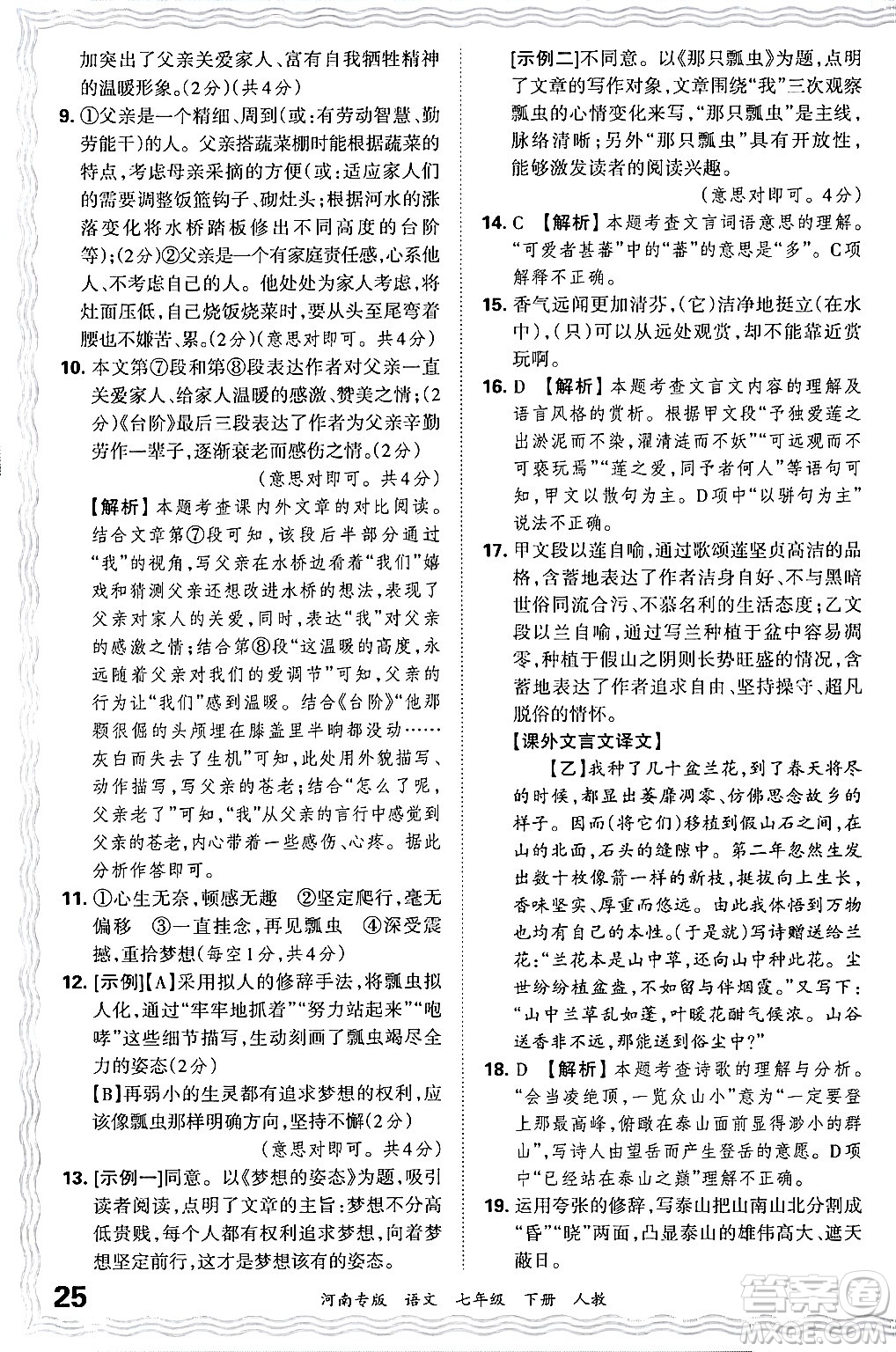 江西人民出版社2024年春王朝霞各地期末試卷精選七年級(jí)語文下冊(cè)人教版河南專版答案