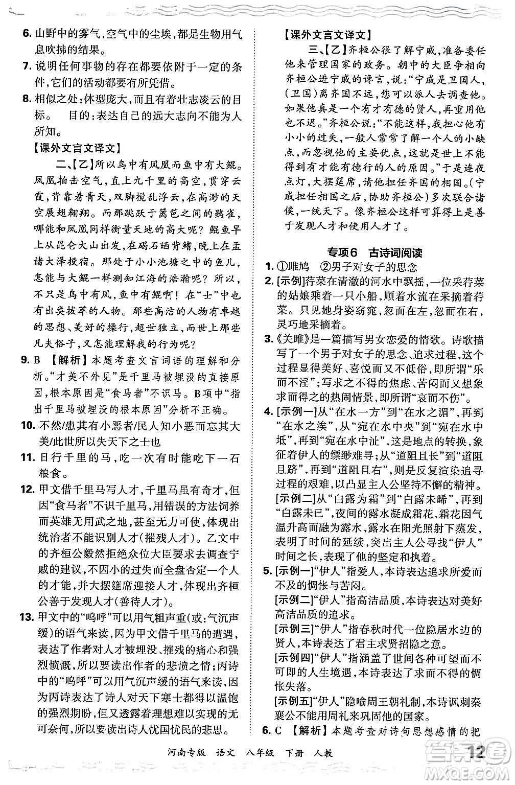 江西人民出版社2024年春王朝霞各地期末試卷精選八年級(jí)語文下冊(cè)人教版河南專版答案
