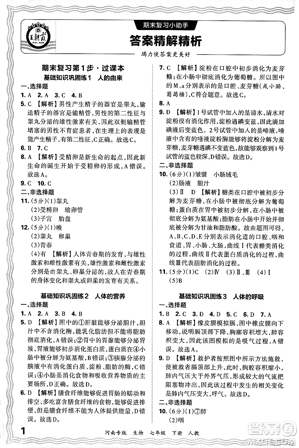 江西人民出版社2024年春王朝霞各地期末試卷精選七年級(jí)生物下冊(cè)人教版河南專版答案