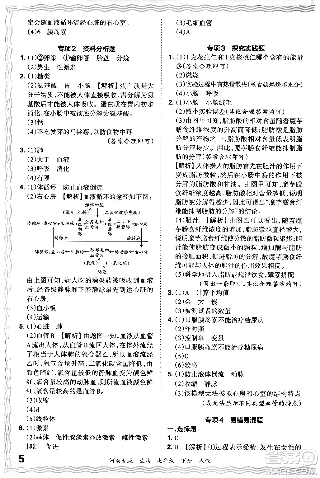 江西人民出版社2024年春王朝霞各地期末試卷精選七年級(jí)生物下冊(cè)人教版河南專版答案