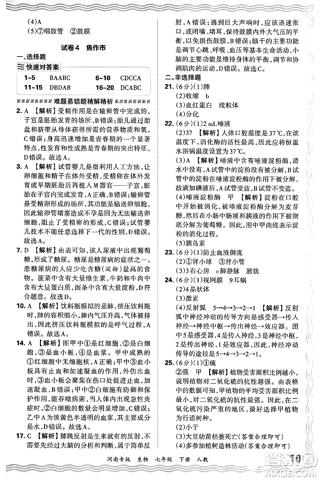 江西人民出版社2024年春王朝霞各地期末試卷精選七年級(jí)生物下冊(cè)人教版河南專版答案